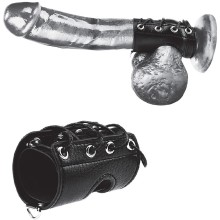 Утяжка на пенис с кольцами и подхватом мошонки от компании «BlueLine», цвет черный, BLM3060, длина 7.5 см.