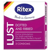 Латексные презервативы «Lust № 3» рифленые с пупырышками, упаковка 3 шт, Ritex LUST № 3, длина 18.5 см.