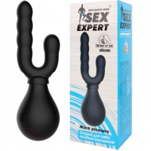 Анальный душ с двойной насадкой и грушей, цвет черный, Sex Expert BIOSEM-55130, из материала Силикон, со скидкой