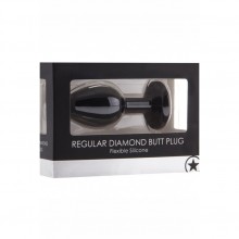 Средняя анальная пробка из силикона с прозрачным кристаллом «Diamond Butt Plug Medium», черная, Shots Media OU181BLK, коллекция Ouch!, длина 7.3 см.