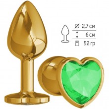 Золотистая анальная втулка с зеленым кристаллом-сердцем, длина 6 см, диаметр 2.7 см, Джага-Джага 511-03 green-DD, длина 6 см.