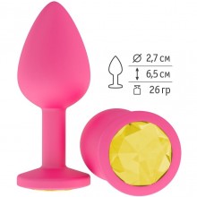 Розовая силиконовая анальная втулка с желтым кристаллом, рабочая длина 6.5 см, Джага-Джага 516-11 YELLOW-DD, длина 7.3 см.
