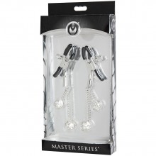 Зажимы на соски с подвесками-кубиками Master Series «Ornament Adjustable Nipple Clamps», серебристые, XR Brands AE614, длина 11.43 см.