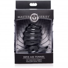 Ребристая анальная пробка-тоннель средняя Master Series «Hive Ass Tunnel Silicone Ribbed Hollow Anal Plug - Medium», черная, XR Brands AF982-Medium, цвет Прозрачный, длина 8.13 см.
