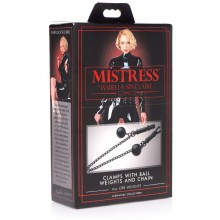 Черные зажимы для сосков с утяжелителями и цепочкой «Clamps with Ball Weights and Chain» из серии Mistress от XR Brands, IS120, длина 48 см.