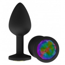 Анальная втулка силиконовая, черная, с разноцветным кристаллом, из нежного гипоаллергенного силикона, от ДЖАГА-ДЖАГА 518-14 multicolored-DD, длина 7.3 см.