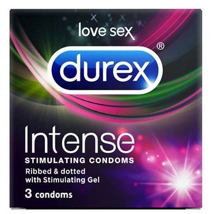 Рельефные презервативы со стимулирующей смазкой «Durex Intense Orgasmic», 3 шт, длина 19.5 см.