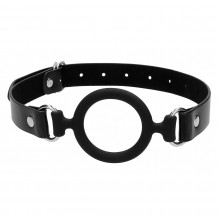 Кляп-кольцо с кожанными ремешками «Silicone Ring Gag», черный, диаметр 5.2 см, Shots OU463BLK, бренд Shots Media, из материала Силикон, длина 57 см.