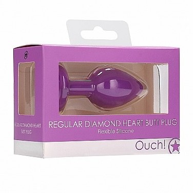Классическая анальная пробка «Diamond Heart Butt Plug» с прозрачным стразом в форме сердца, фиолетовая, рабочая длина 6 см, Shots OU335PUR, бренд Shots Media, коллекция Ouch!, длина 7.3 см.