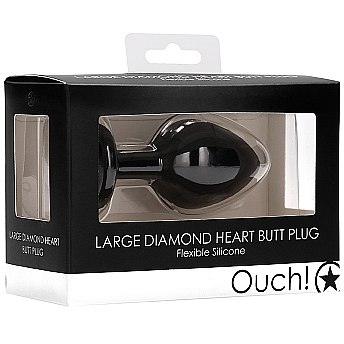 Анальная пробка «Large Ribbed Diamond Heart Plug» черного цвета с прозрачным стразом, рабочая длина 7 см, Shots OU336BLK, бренд Shots Media, коллекция Ouch!, длина 8 см.