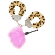 Металлические наручники с леопардовым мехом и розовая щекоталка, ET001, со скидкой
