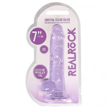 Прозрачный фиолетовый фаллоимитатор с мошонкой на присоске «Realrock Crystal Clear», рабочая длина 15 см, Shots REA091PUR, бренд Shots Media, длина 19 см.