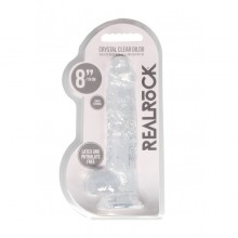 Прозрачный реалистичный фаллоимитатор «Realrock Crystal Clear» с мошонкой и присоской, рабочая длина 16 см, Shots Media REA092TRA, из материала TPE, длина 21 см.