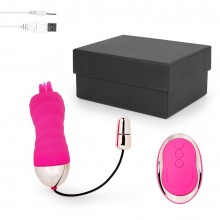 Перезаряжаемое розовое виброяйцо с 10 режимами вибрации и пультом ДУ, длина 8.5 см.