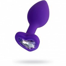 Фиолетовая силиконовая анальная втулка со стразом в виде сердечка, рабочая длина 6 см, Штучки-дрючки 690024, цвет фиолетовый, длина 7 см.