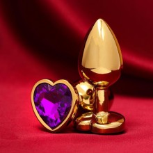Золотистая анальная пробка с фиолетовым кристаллом в форме сердца, Сима-ленд 5215679, из материала Металл, длина 7 см., со скидкой