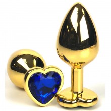 Золотистая анальная пробка с синим кристаллом-сердцем, длина 8 см.