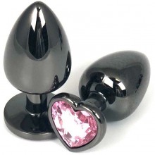 Черная металлическая анальная пробка с нежно-розовым стразом-сердечком, Vandersex 400-HVPS1, цвет Розовый, длина 6.5 см.