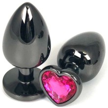 Черная металлическая анальная пробка с розовым стразом-сердечком, длина 7.5 см.