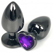 Черная металлическая анальная пробка с фиолетовым стразом-сердечком, длина 7.5 см.