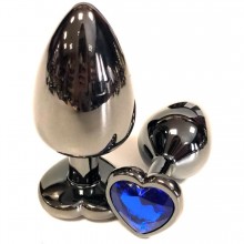 Черная металлическая анальная пробка с синим стразом-сердечком - 6,5 см., Vandersex 400-HVBS, длина 6.5 см., со скидкой