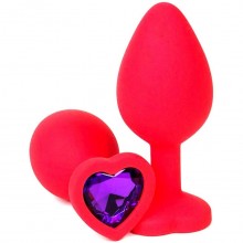 Красная силиконовая анальная пробка с фиолетовым стразом-сердцем, длина 10.5 см.