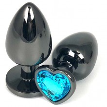 Черная металлическая анальная пробка с голубым стразом-сердечком, общая длина 6.5 см, Vandersex 400-HVBLS, цвет Голубой, длина 6.5 см.