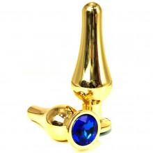 Золотистая удлиненная анальная пробка с синим кристаллом, общая длина 8 см, Vandersex 400-TGBS, цвет Синий, длина 8 см.