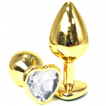 Золотистая анальная пробка с прозрачным кристаллом-сердцем - 6 см., длина 6 см.