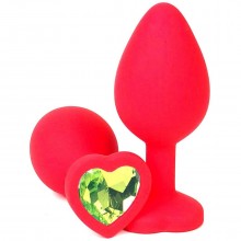 Красная силиконовая анальная пробка с лаймовым стразом-сердцем, длина 8 см, диаметр 2.5 см, Vandersex 122-HRGS1, цвет Зеленый, длина 8 см.