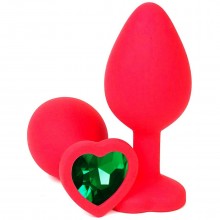 Красная анальная пробка из силикона с зеленым стразом-сердцем, длина 8.5 см.