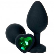 Черная силиконовая пробка с зеленым кристаллом-сердцем - 8 см., Vandersex 122-HBGS, цвет Зеленый, длина 8 см.