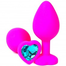 Розовая силиконовая пробка с голубым кристаллом-сердцем, длина 8.5 см, диаметр 3 см, Vandersex 122-HPBM1, цвет Голубой, длина 8.5 см.