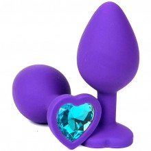 Фиолетовая силиконовая анальная пробка с голубым стразом-сердцем, длина 8 см.
