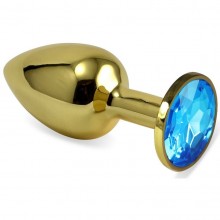 Золотистая анальная пробка с голубым кристаллом, длина 6.5 см.