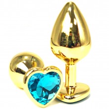 Золотистая анальная пробка с голубым кристаллом-сердцем, длина 6 см.