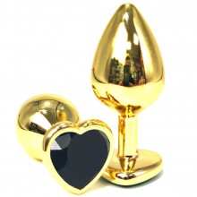 Золотистая анальная пробка с черным кристаллом-сердцем, длина 6 см.