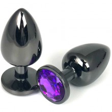Черная классическая металлическая анальная пробка с фиолетовым стразом, длина 9 см, диаметр 4 см, Vandersex 400-VFL, цвет Фиолетовый, длина 9 см.