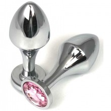 Серебристая анальная пробка из металла на удлиненной ножке с нежно-розовым кристаллом, длина 9 см, диаметр 3 см, Vandersex 400-UP1, длина 9 см.