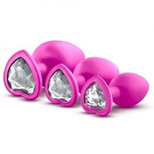 Набор розовых анальных пробок с прозрачным кристаллом-сердечком «Bling Plugs Training Kit», цвет розовый, Blush Novelties BL-395830, из материала силикон