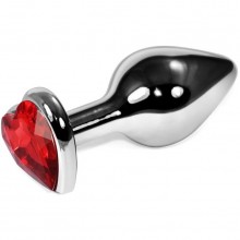 Серебристая коническая анальная пробка с красным кристаллом-сердцем, длина 8 см, диаметр 4 см, Vandersex 170-SR, из материала Металл, цвет Красный, длина 8 см.