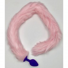 Фиолетовая силиконовая анальная пробка с розовым хвостиком, длина 5 см.