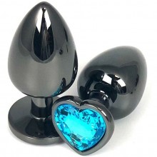Черная металлическая анальная пробка с голубым стразом-сердечком, длина 9 см.