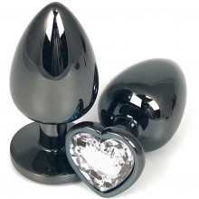 Черная металлическая анальная пробка с прозрачным стразом-сердечком, длина 6.5 см.