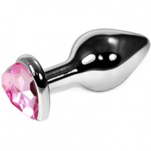 Металлическая анальная пробка с нежно-розовым кристаллом-сердечком, цвет серебристый, длина 8 см, Vandersex 170-MP1, цвет Розовый, длина 8 см.