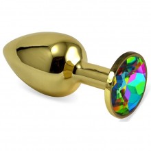 Золотистая анальная пробка с разноцветным кристаллом, диаметр 3.5 см.