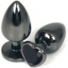 Черная металлическая анальная пробка с черным стразом-сердечком, рабочая длина 5.5 см, Vandersex 400-HVBKS, цвет Черный, длина 6.5 см.