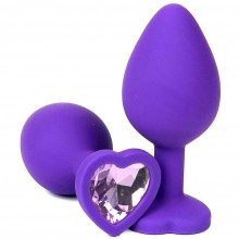 Фиолетовая силиконовая пробка для ануса с сиреневым стразом-сердечком, длина 7 см., диаметр: 2.7 см., Vandersex 122-HFLILS, цвет Сиреневый, длина 7 см.
