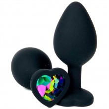 Черная силиконовая пробка с разноцветным кристаллом-сердечком, длина 8 см.