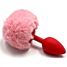 Красная анальная пробка с пушистым нежно-розовым хвостиком зайчика, диаметр 2.5 см, Vandersex 127-S-RED-LPNK, из материала Силикон, цвет Розовый, длина 6 см.